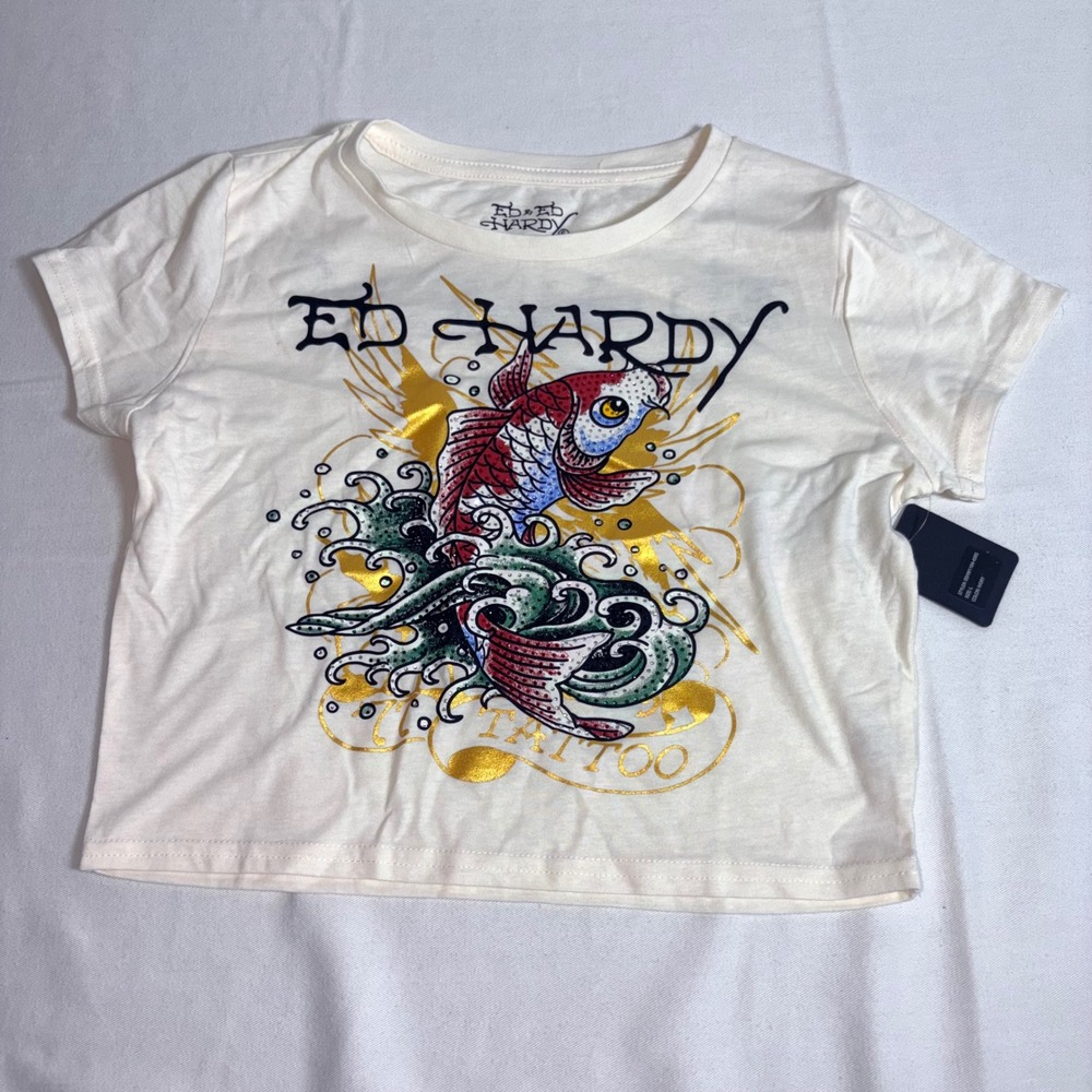 Ed Hardy Koi Fish Crop Top Large tee t-shirt Ivory NEW Rhinestone Tattoo Graphic